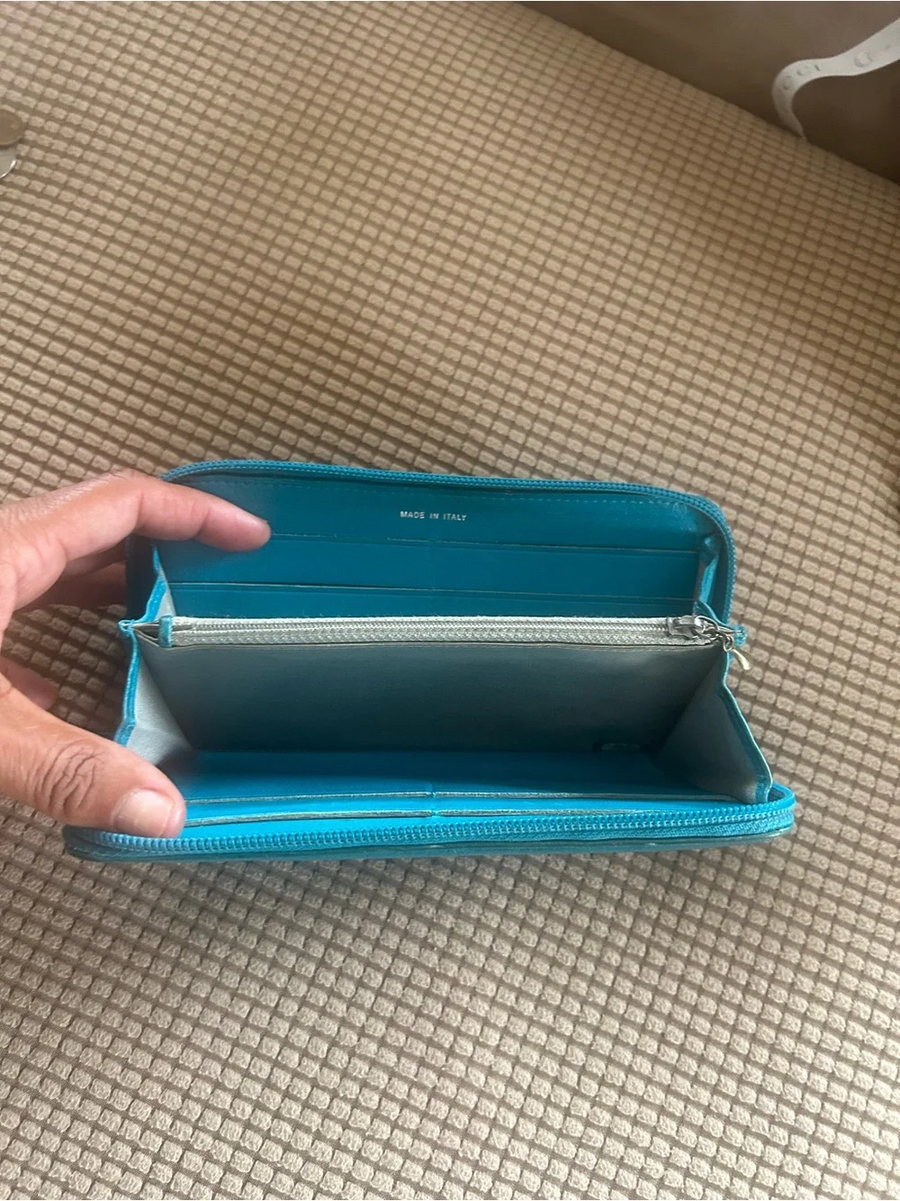 CHANEL Embossed Jacket Goatskin Zip Wallet Turquoise Blue